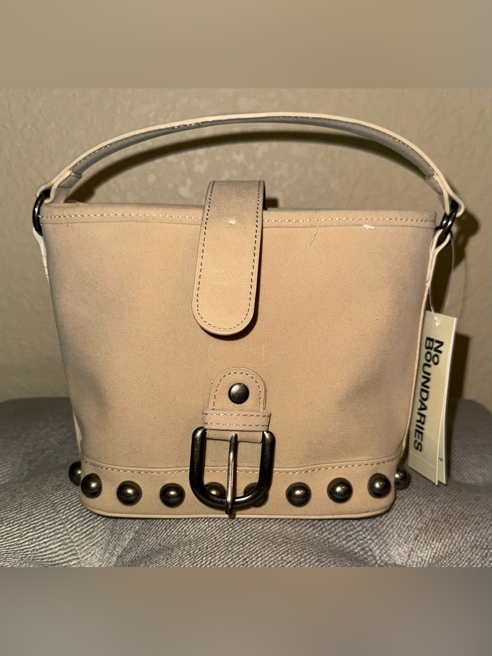 No Boundaries Women's Studded Faux Suede Moto Bucket Bag, beige